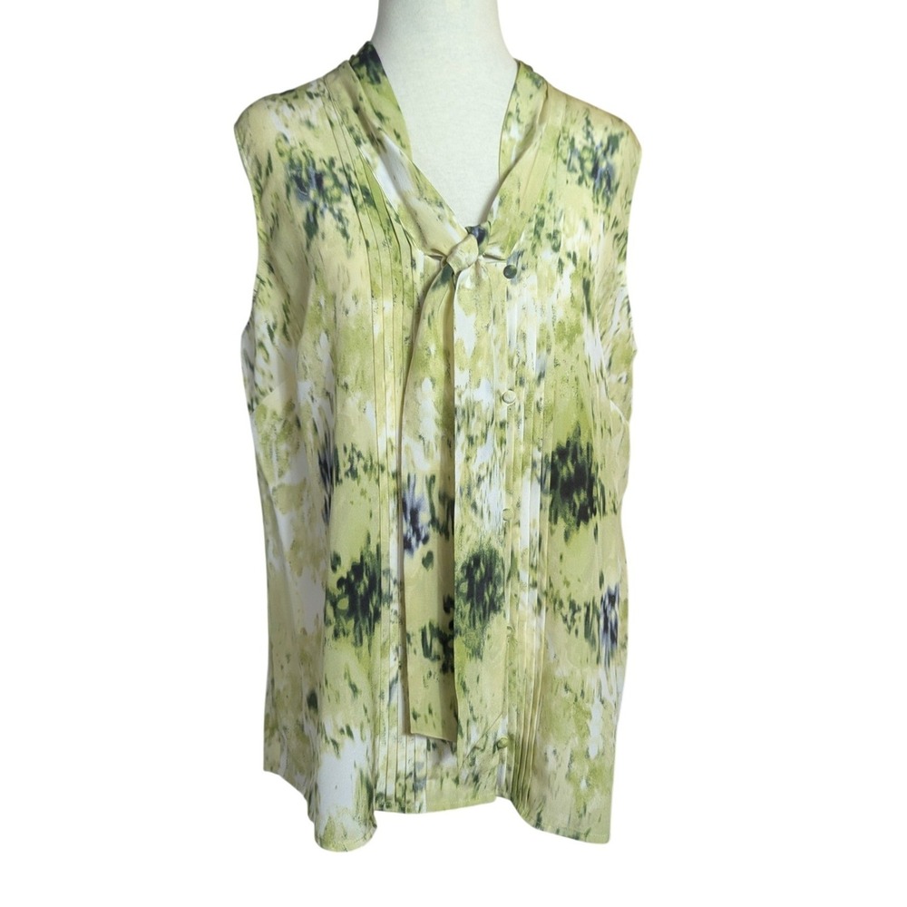 Ann Taylor‎ Silk Blouse Green Watercolor Abstract Tie Neck Sleeveless Top 14